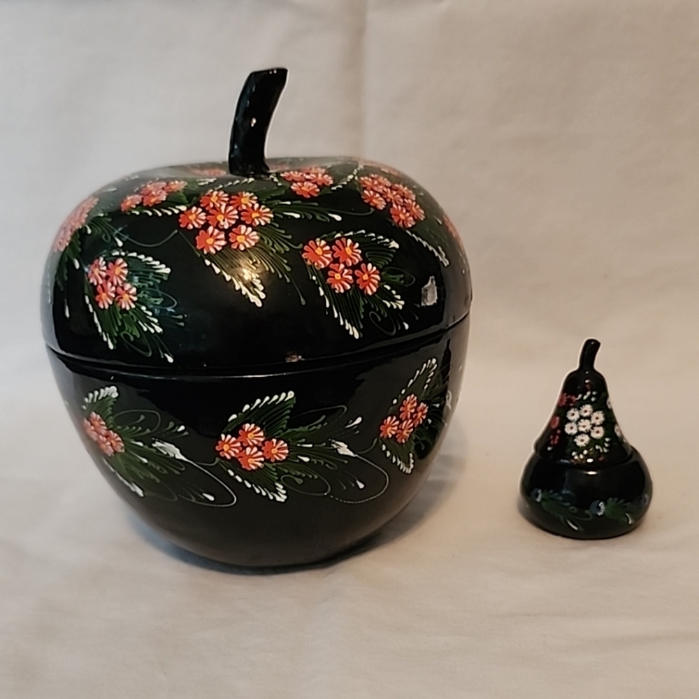 Lot of 2 Vtg Handpainted Black Lacquer Apple & Mini Pear Trinket Boxes Flowers